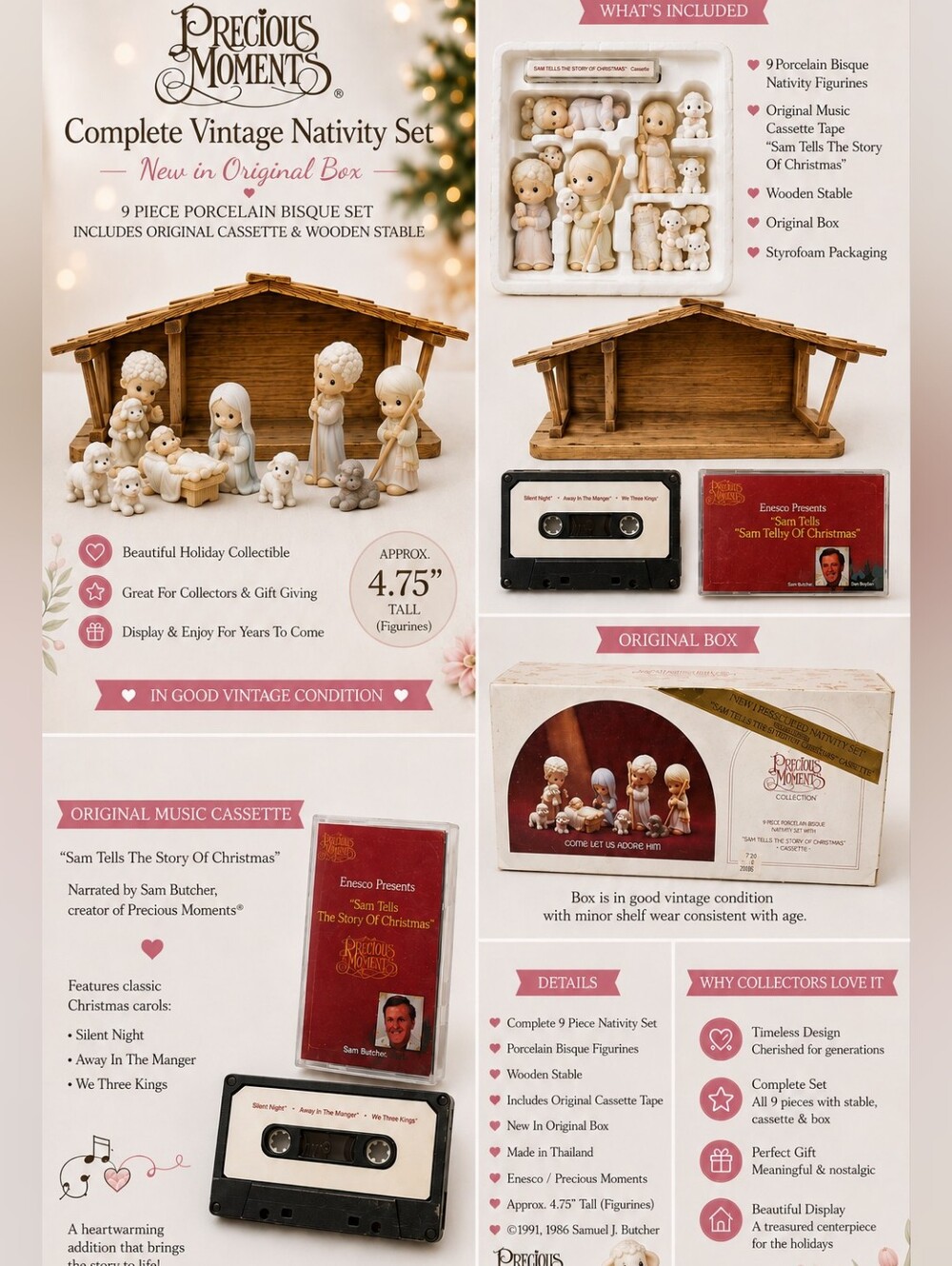 Vintage Precious Moments 9 Pc Nativity Set with Original Stable, Box & Cassette
